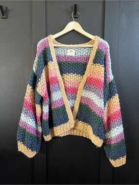 Panache Multicolor Striped Chunky Knit Cardigan with Mustard Trim